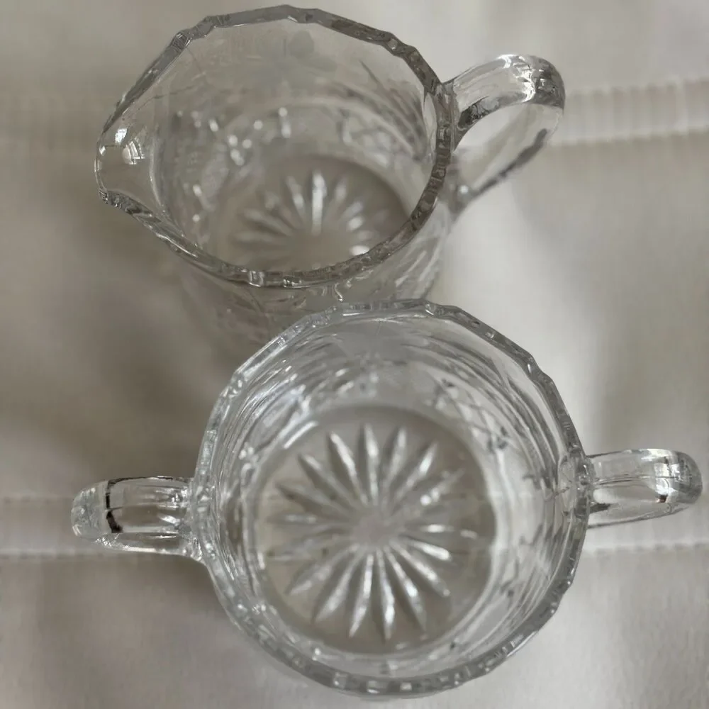 Vintage Etched Glass Creamer & Open Sugar Bowl Set Floral Cut Glass Cream Sugar